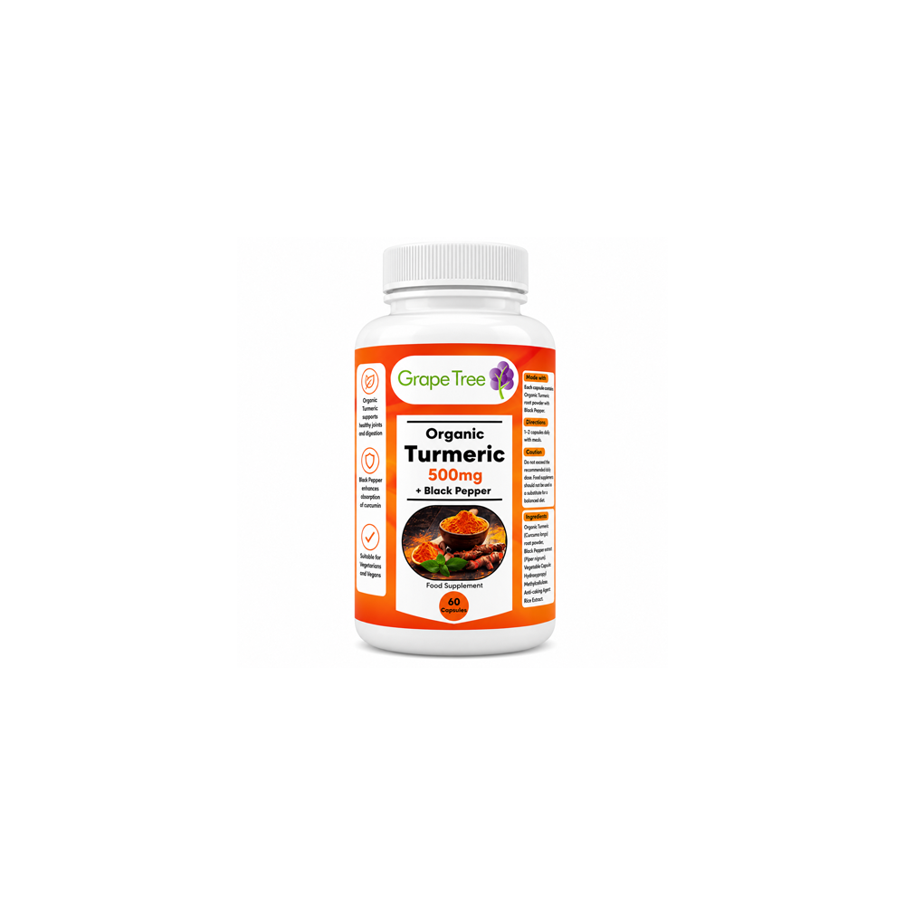 Grape Tree Organic Turmeric 500mg With Black Pepper 60 Capsules Grape Tree Organic Turmeric 500mg With Black Pepper 60 Capsules