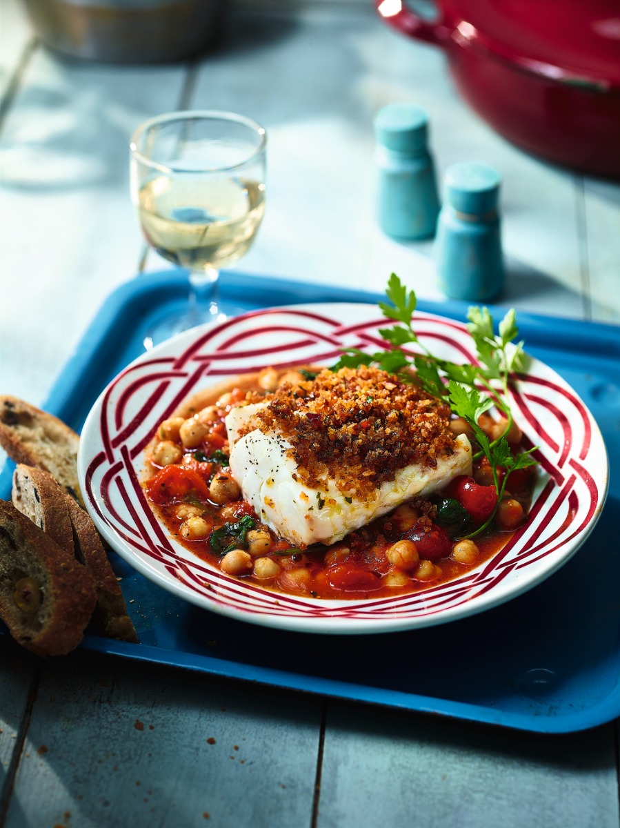 Harissa-Crusted Cod with Quick Chickpea, Spinach and Tomato Stew 