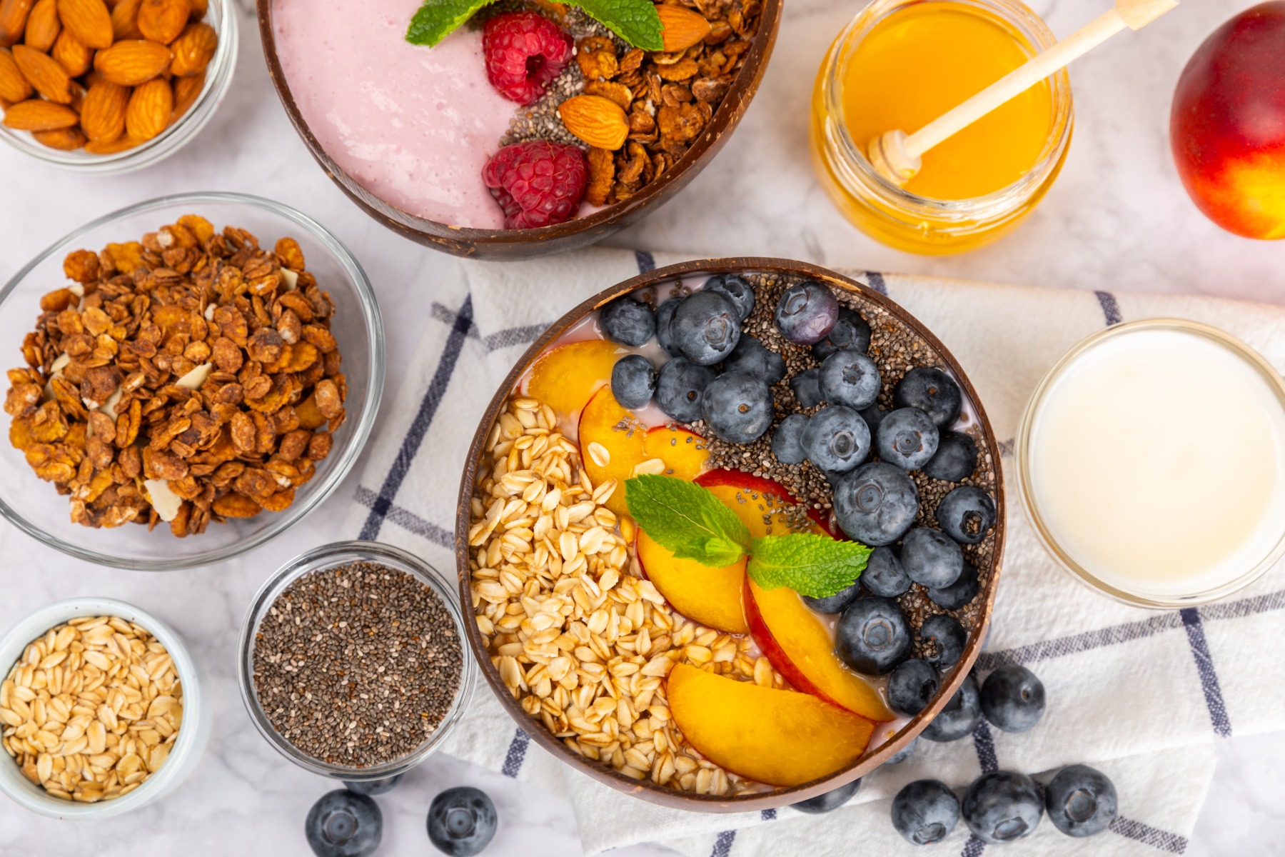 nuts seeds and fruits on porridge