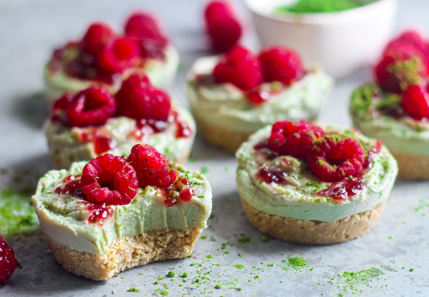 Mini Matcha & Rapsberry Cheesecakes